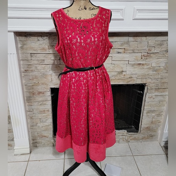 Calvin Klein Fuscia Lace overlay faux‎ suede trim midi party dress plus size 14W - Picture 1 of 8